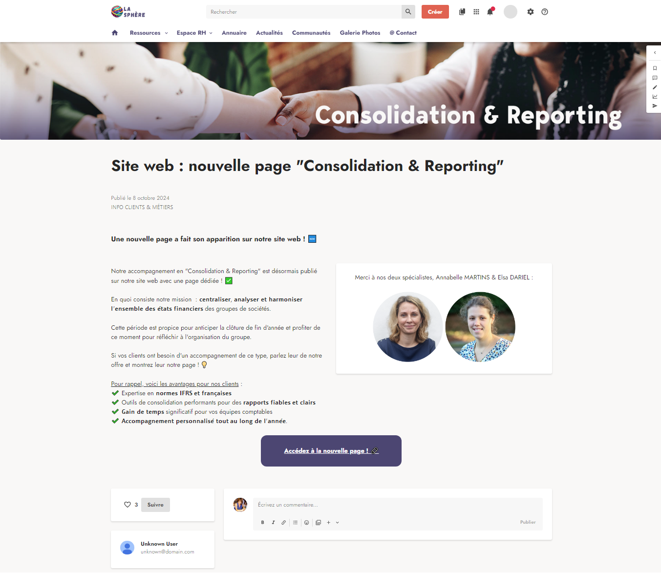Post Intranet ERECApluriel nouvelle page "Consolidation & Reporting"