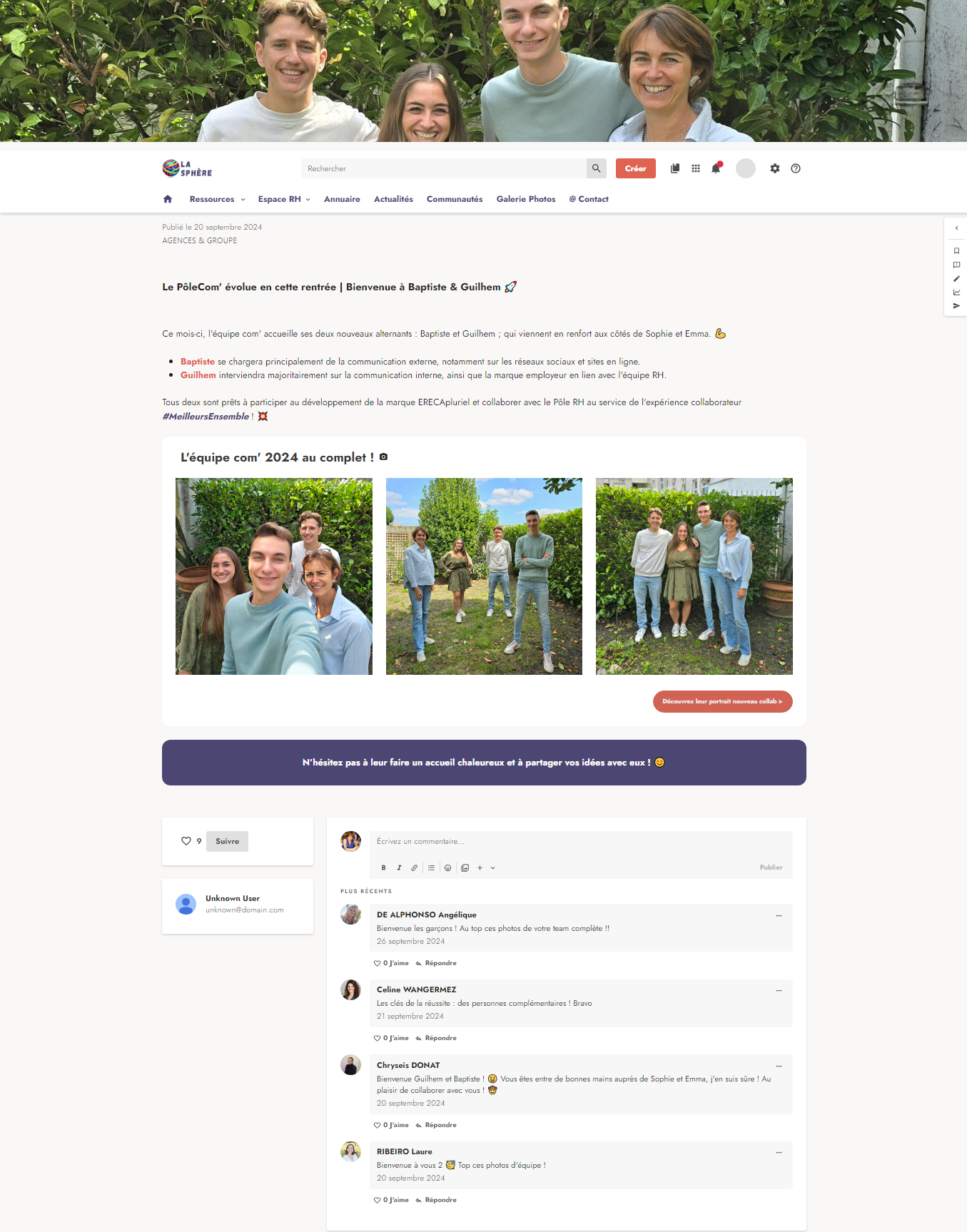 Post Intranet ERECApluriel nouvelle équipe communication